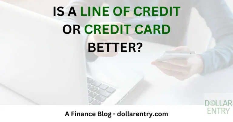 Image with heading: Is a line of credit or credit card better? with a background image showing person near a laptop